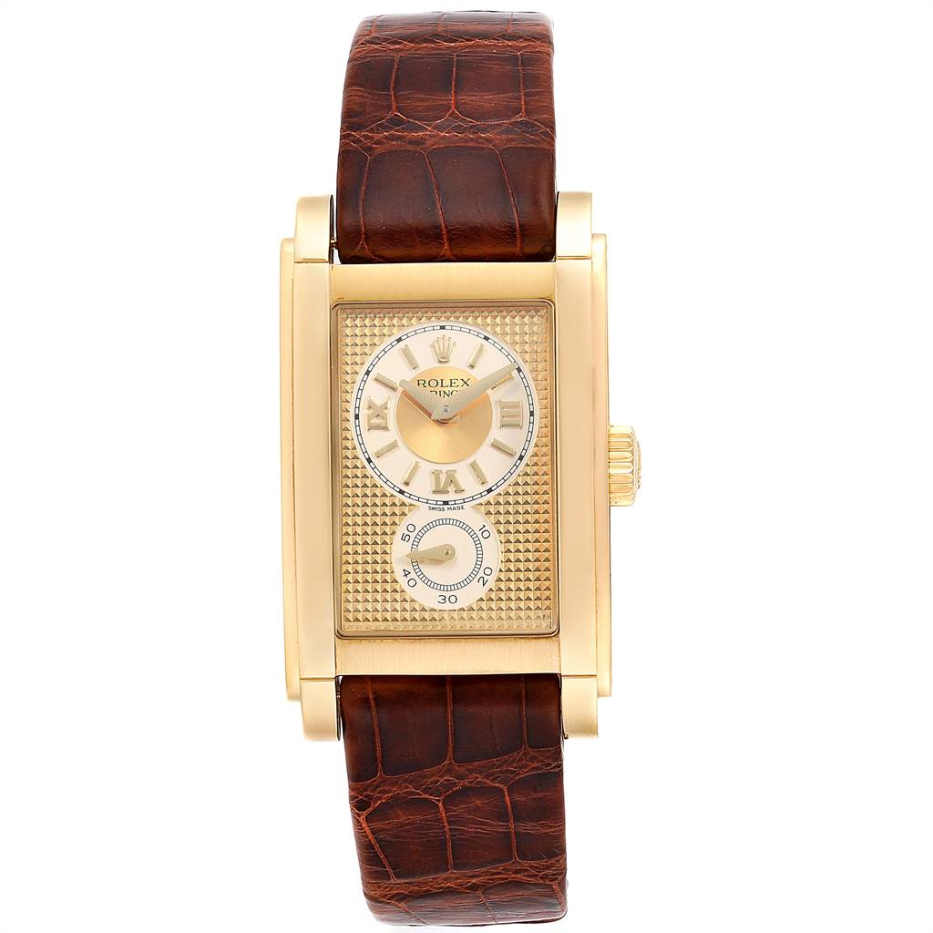 The Rolex Cellini 5440/8 Men's Yellow Gold Champagne Dial 5440/8 Men's Yellow Gold Champagne Dial watch is displayed front-on, showing its rectangular gold case, Roman numeral dial, and brown leather strap.