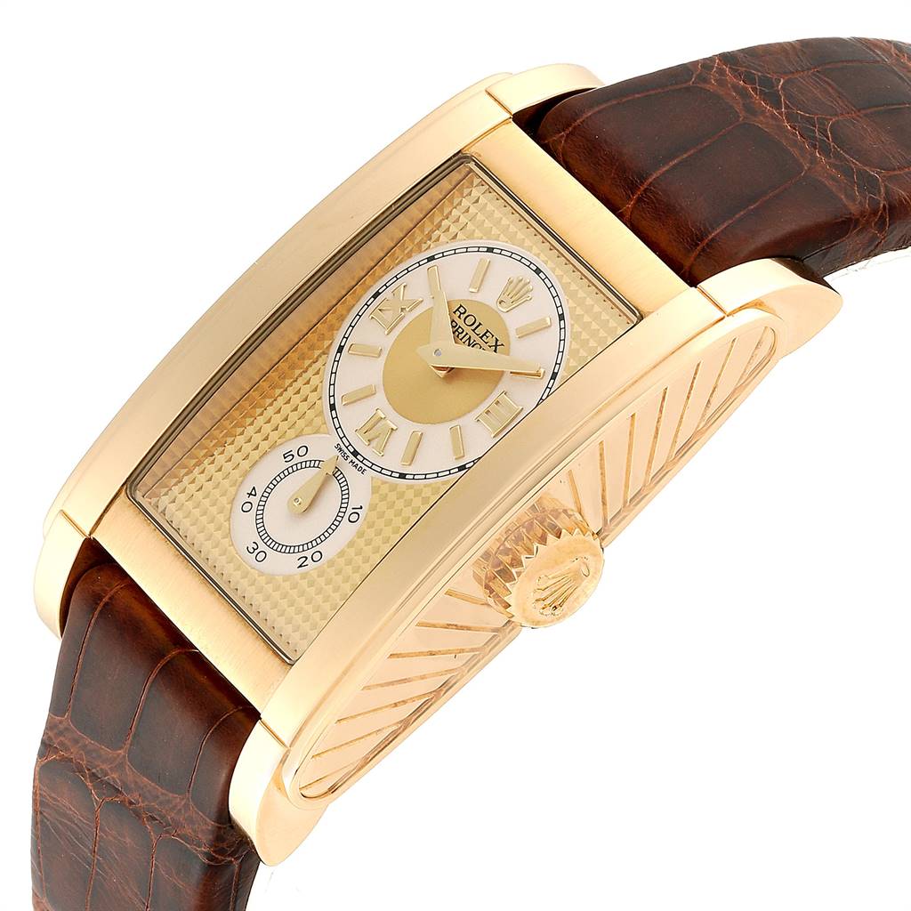 The Rolex Cellini 5440/8 Men's Yellow Gold Champagne Dial 5440/8 Men's Yellow Gold Champagne Dial watch is shown at an angle highlighting the watch face, crown, and part of the leather strap.