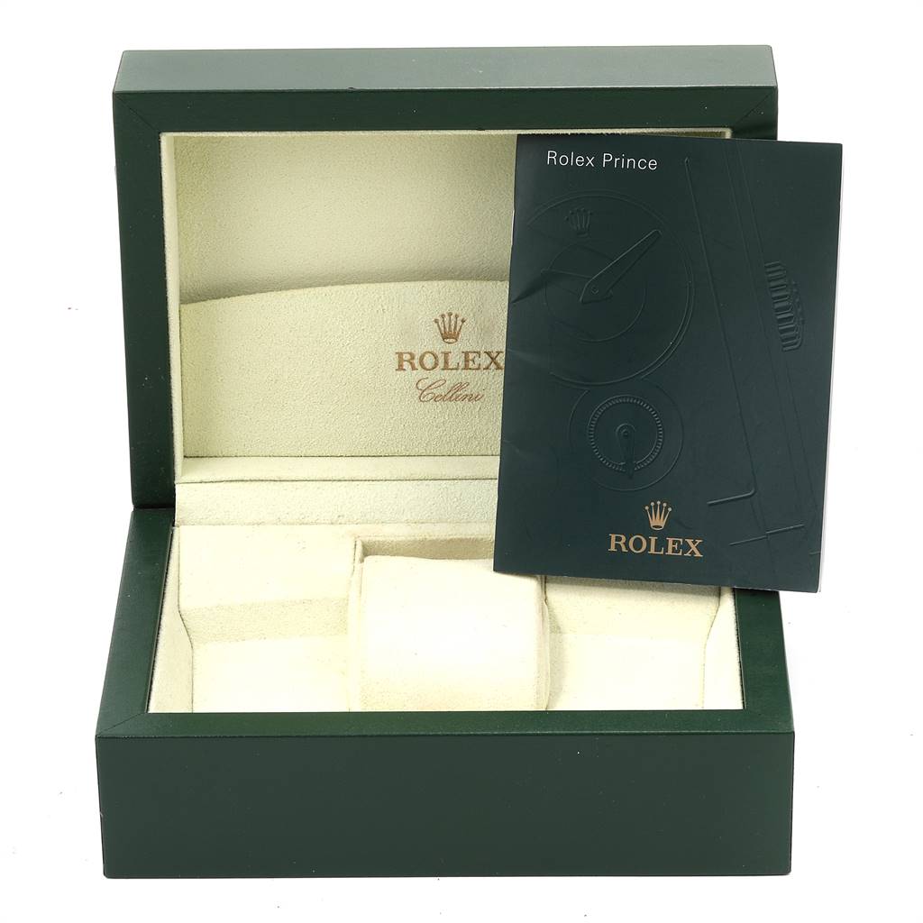 The image shows an open Rolex Cellini 5440/8 Men's Yellow Gold Champagne Dial 5440/8 Men's Yellow Gold Champagne Dial watch box with an empty interior and a booklet placed inside.