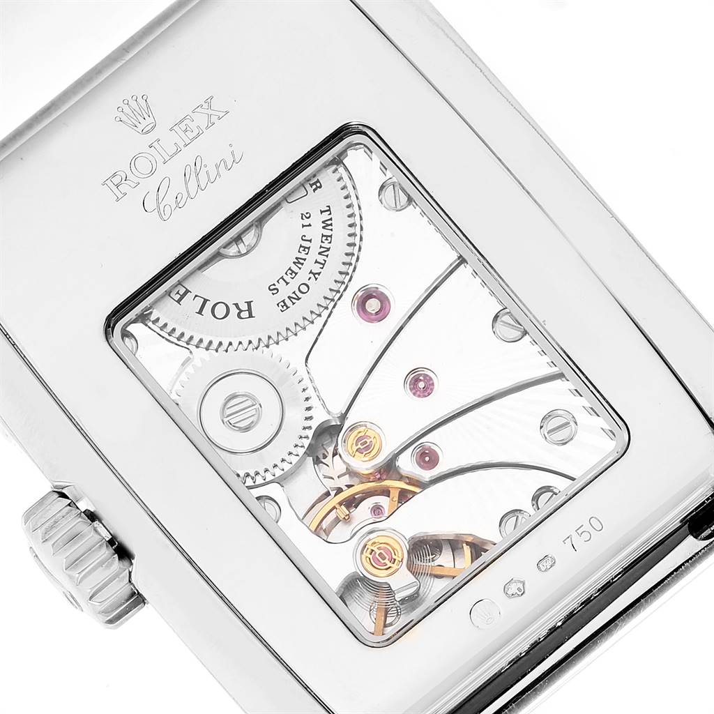 The image shows the back view of the Rolex Cellini 5443/9 Men's White Gold Black Dial 5443/9 Men's White Gold Black Dial watch, highlighting its intricate internal mechanics.