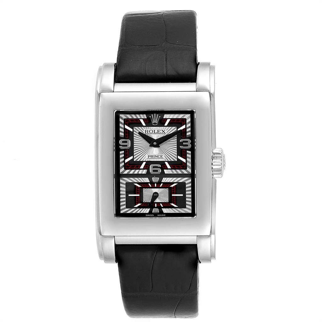 The image shows a front view of a Rolex Cellini 5443/9 Men's White Gold Black Dial 5443/9 Men's White Gold Black Dial Prince watch with a rectangular dial and a black leather strap.
