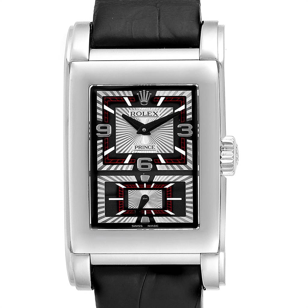 The Rolex Cellini 5443/9 Men's White Gold Black Dial 5443/9 Men's White Gold Black Dial Prince watch is shown from a front angle, highlighting the face, dial, and crown.