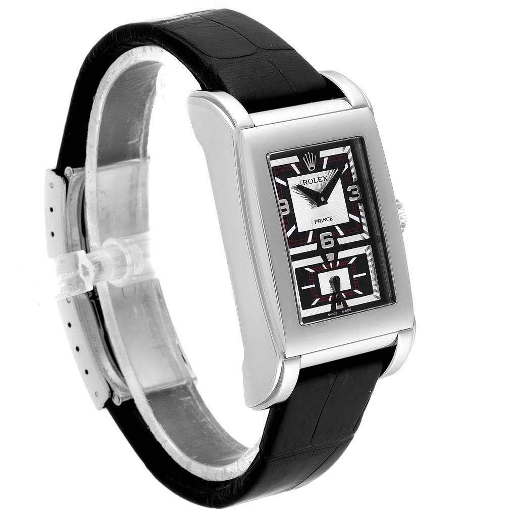 The image shows a Rolex Cellini 5443/9 Men's White Gold Black Dial 5443/9 Men's White Gold Black Dial watch at an angled side view featuring the face, bezel, crown, and leather strap.