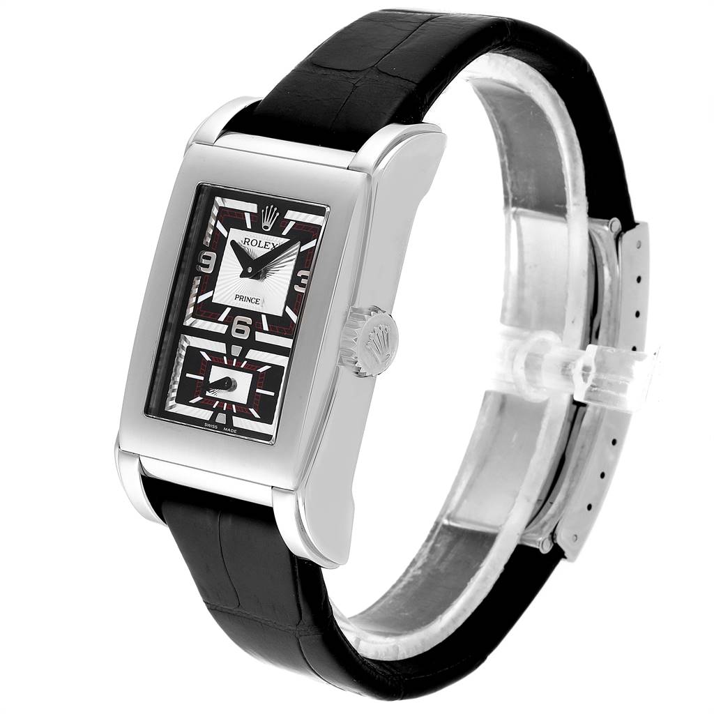 The Rolex Cellini 5443/9 Men's White Gold Black Dial 5443/9 Men's White Gold Black Dial Prince watch is shown at a three-quarter angle, displaying its dial, case, crown, and strap.