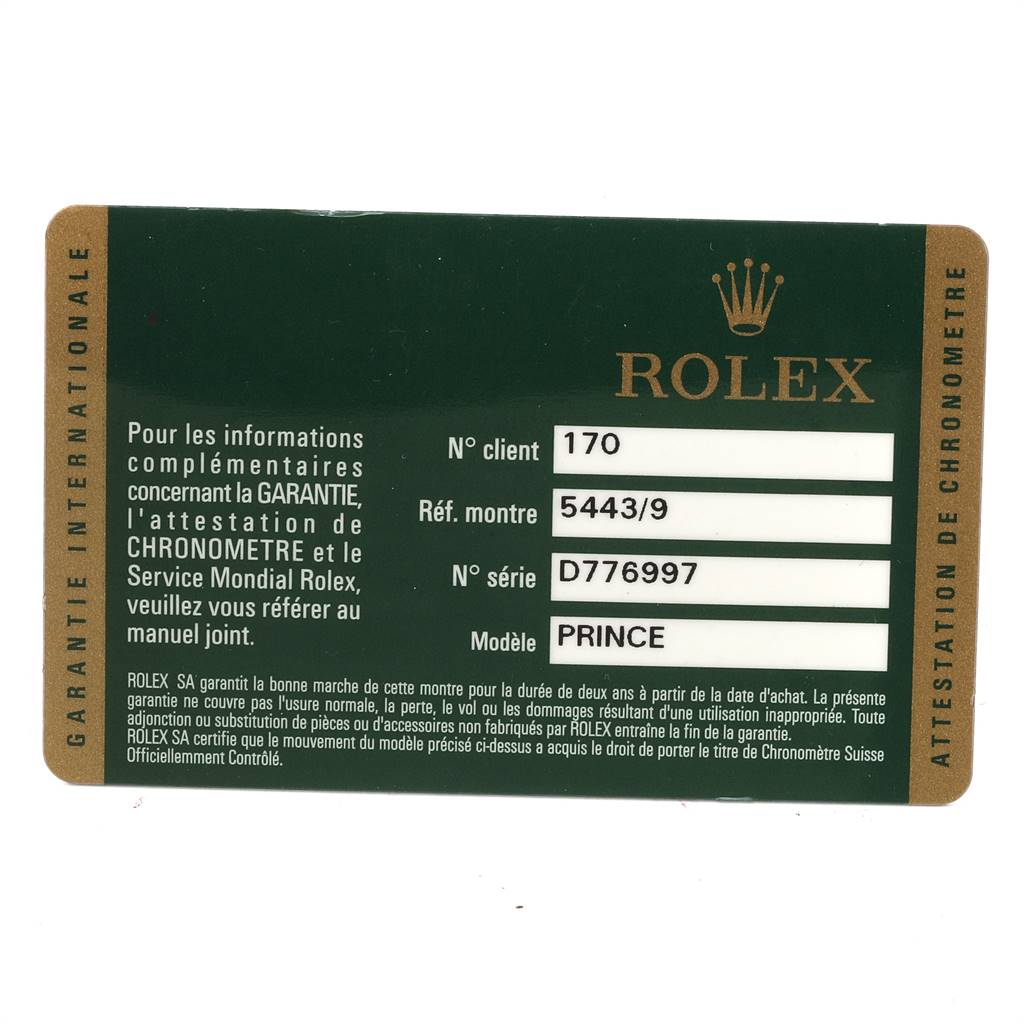 This image shows a warranty card for the Rolex Cellini 5443/9 Men's White Gold Black Dial 5443/9 Men's White Gold Black Dial model named Prince, including reference, serial, and client numbers.