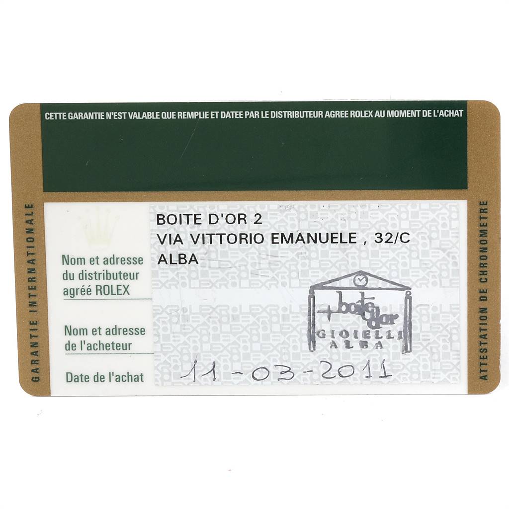 This is a Rolex warranty card for the Cellini model, shown from the front view displaying dealer information and purchase date.