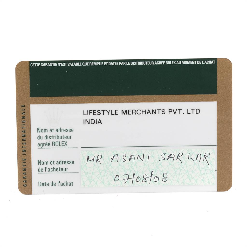 This image shows a certification or warranty card for a Rolex Cellini 5115 Yellow Gold Mother of Pearl Dial 5115 Yellow Gold Mother of Pearl Dial watch, including distributor details and purchase date.