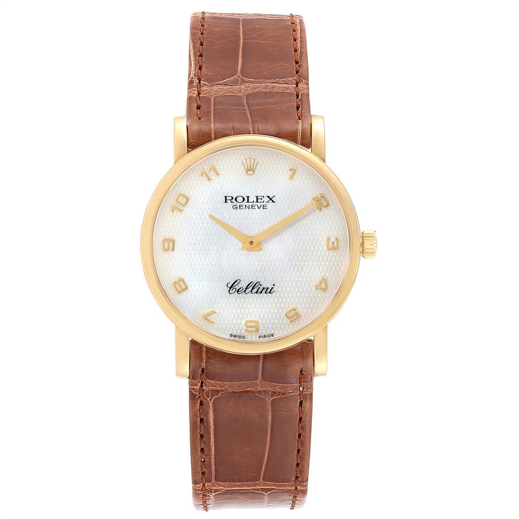 The image shows a frontal view of a Rolex Cellini 5115 Yellow Gold Mother of Pearl Dial 5115 Yellow Gold Mother of Pearl Dial watch with a brown leather strap and a gold bezel.