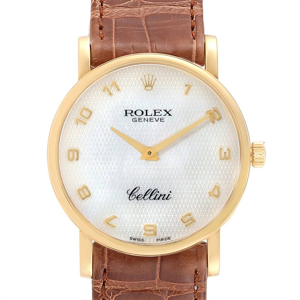 The image shows a front view of the Rolex Cellini 5115 Yellow Gold Mother of Pearl Dial 5115 Yellow Gold Mother of Pearl Dial model watch, highlighting its dial, gold case, crown, and brown leather strap.