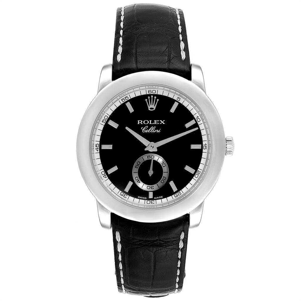 This is a frontal view of the Rolex Cellini 5241 Men
s Platinum Black Dial 5241 Men
s Platinum Black Dial watch, showing the face, dial, case, crown, and leather strap.
