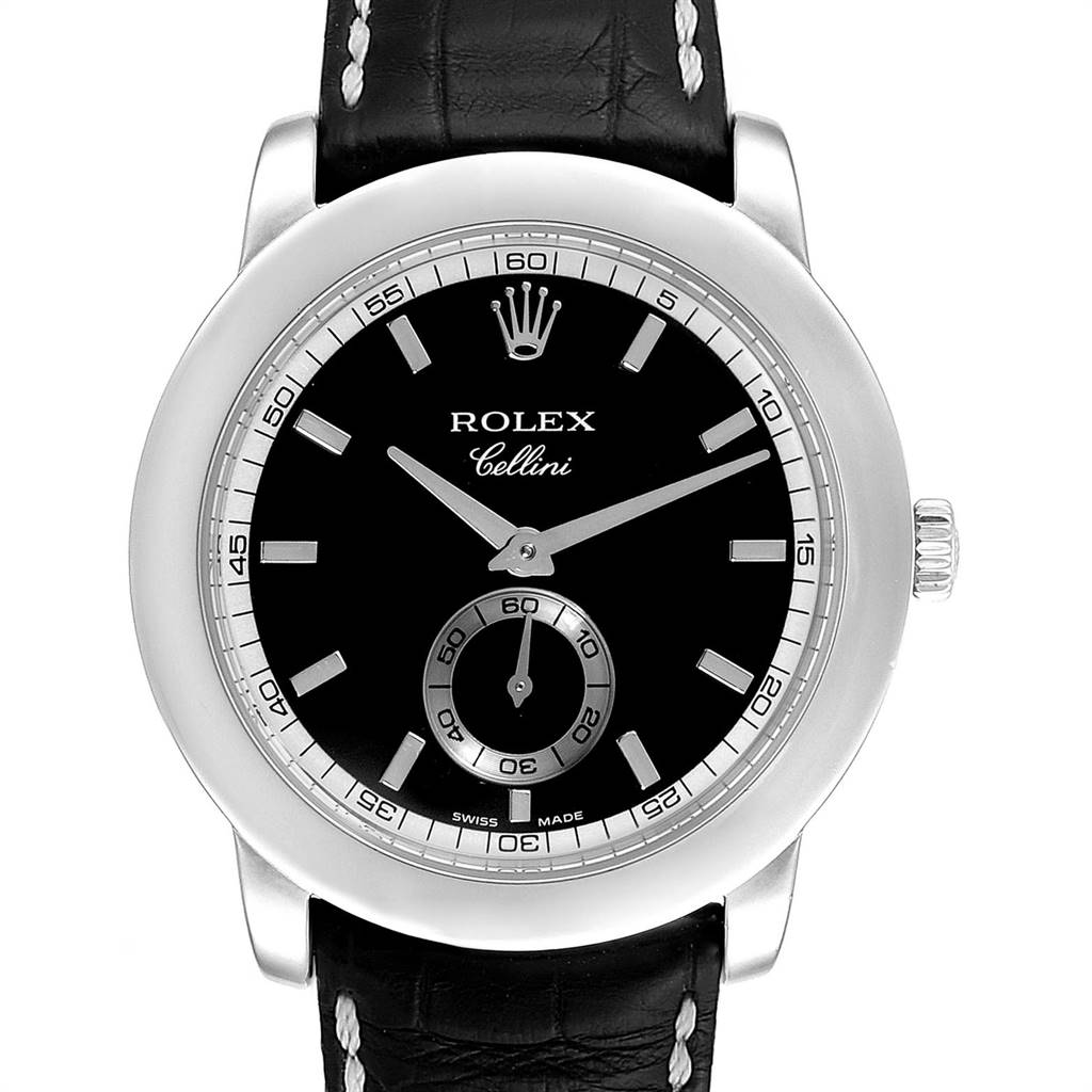 This is a front view of a Rolex Cellini 5241 Men
s Platinum Black Dial 5241 Men
s Platinum Black Dial watch, showing the face, crown, and leather strap.