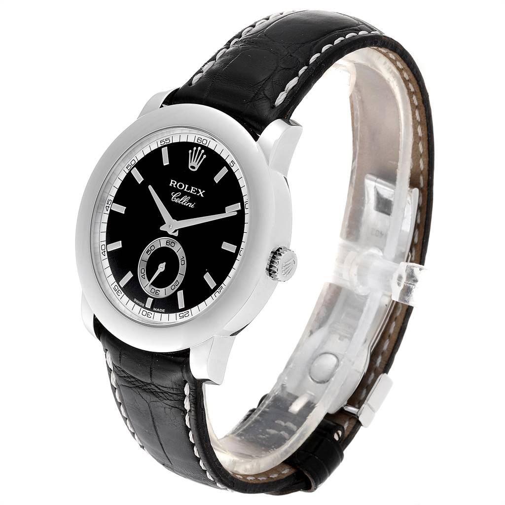 The Rolex Cellini 5241 Men
s Platinum Black Dial 5241 Men
s Platinum Black Dial watch is shown at a three-quarter angle, highlighting its black dial, silver case, and black leather strap.
