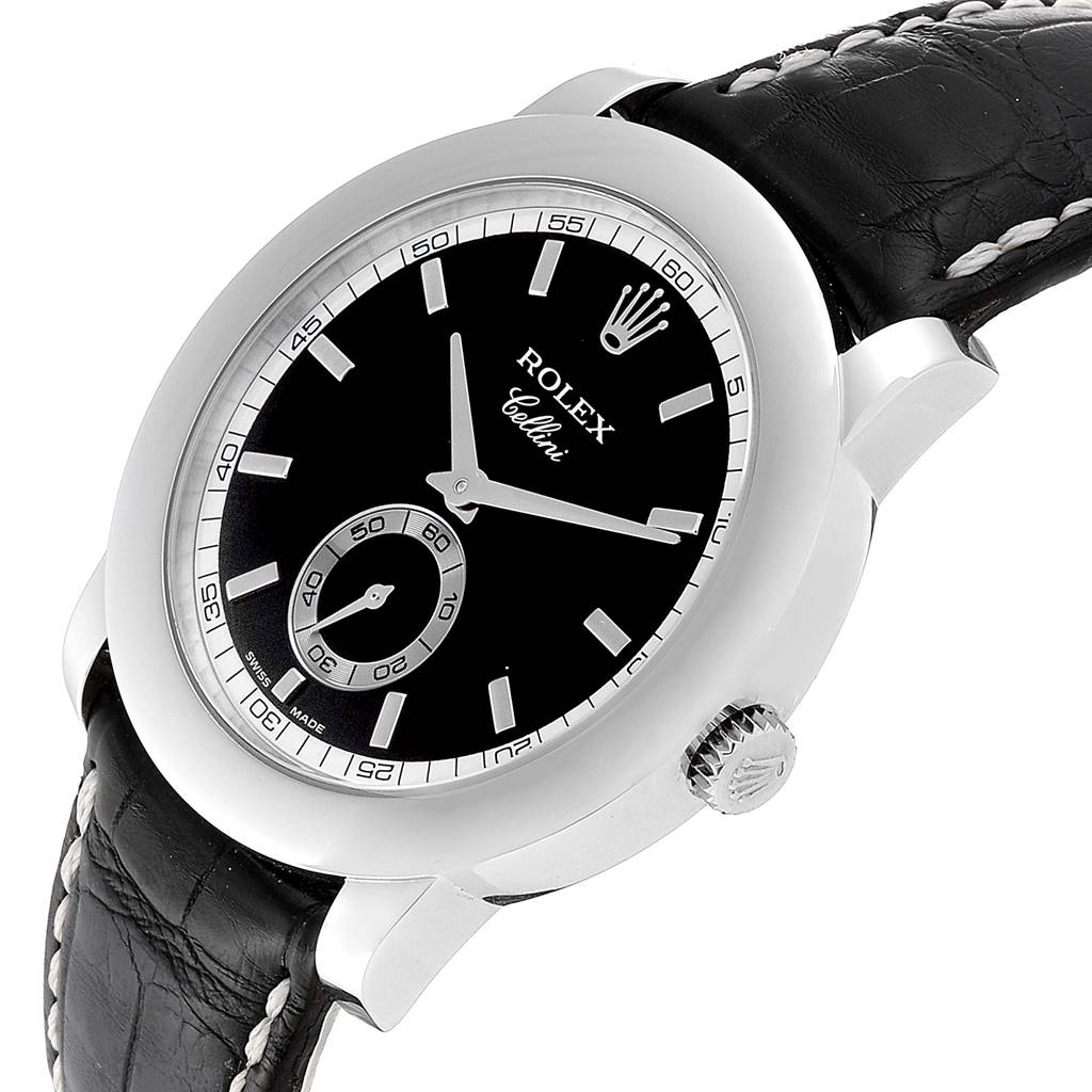 The image shows a Rolex Cellini 5241 Men
s Platinum Black Dial 5241 Men
s Platinum Black Dial watch at a slight angle, highlighting its black dial, stainless steel case, and black leather strap.