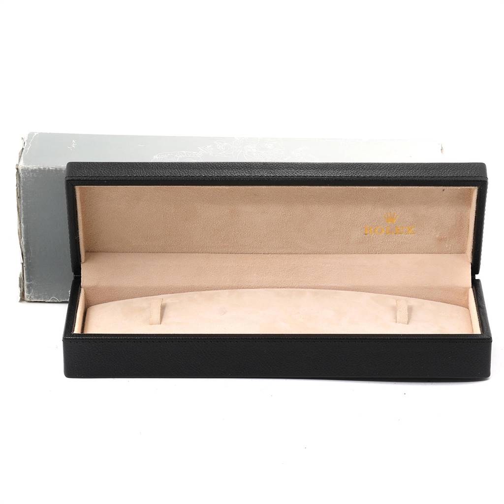 This image shows an open, black leather box with beige interior for a Rolex Cellini 5115 Men's Yellow Gold Beige Dial 5115 Men's Yellow Gold Beige Dial watch, with the brand's logo inside the lid.