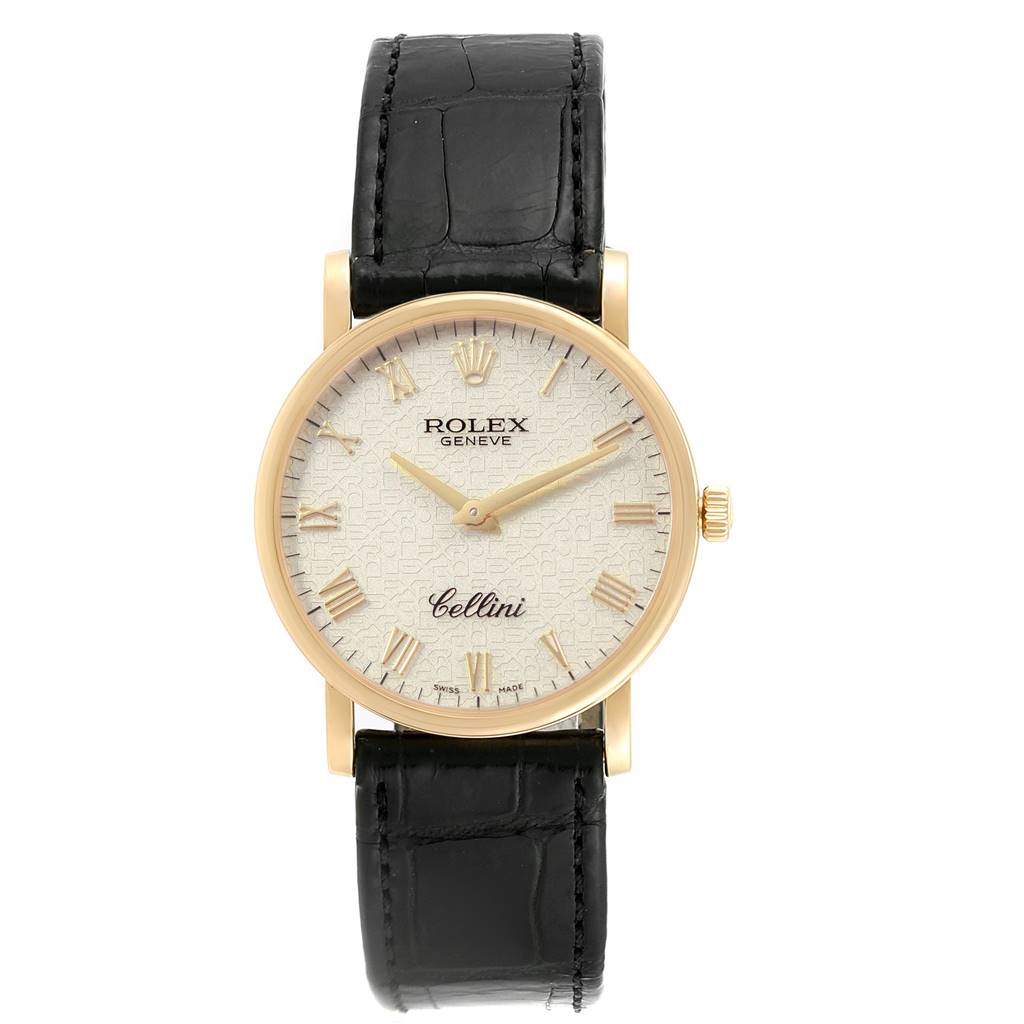 The image shows a front view of a Rolex Cellini 5115 Men's Yellow Gold Beige Dial 5115 Men's Yellow Gold Beige Dial watch, displaying its dial, hands, case, crown, and leather strap.