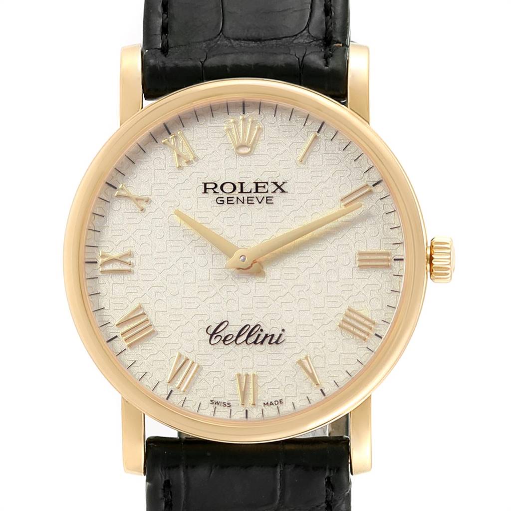 The image shows a front view of the Rolex Cellini 5115 Men's Yellow Gold Beige Dial 5115 Men's Yellow Gold Beige Dial watch, highlighting its watch face, bezel, crown, and leather strap.
