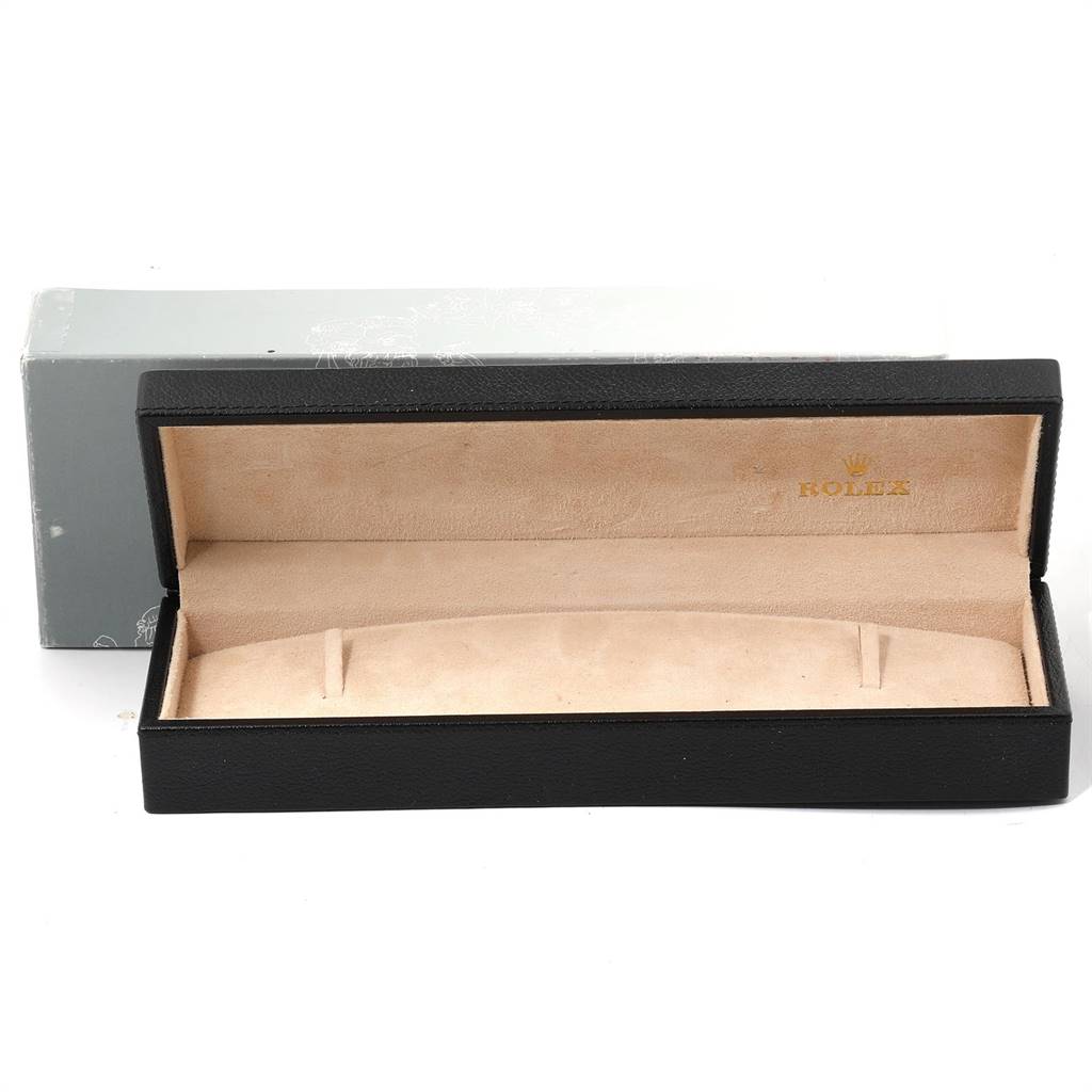 The image shows an open black leather box for a Rolex Cellini 5115 Men's White Gold Silver Dial 5115 Men's White Gold Silver Dial watch, with a beige velvet interior and the brand name.