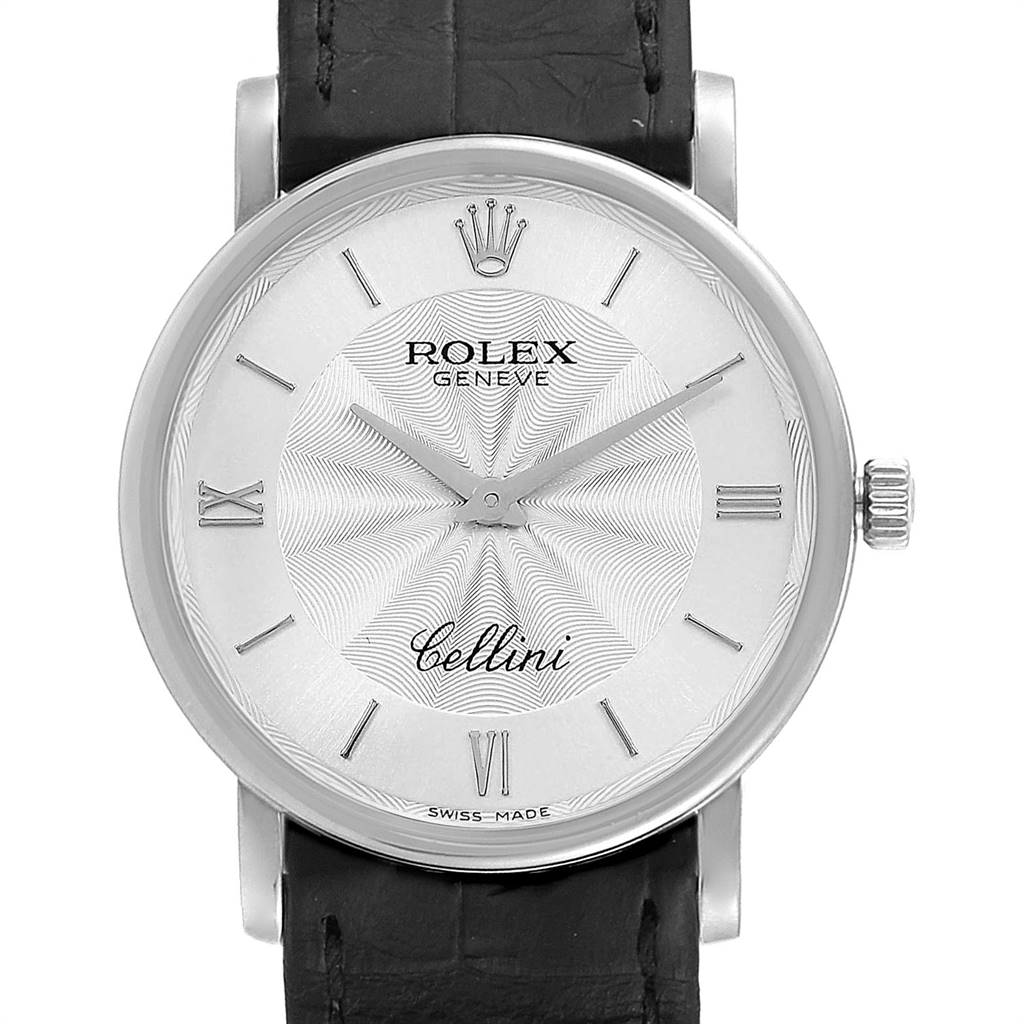 The image shows the front view of a Rolex Cellini 5115 Men's White Gold Silver Dial 5115 Men's White Gold Silver Dial watch, highlighting its dial, crown, and leather strap.