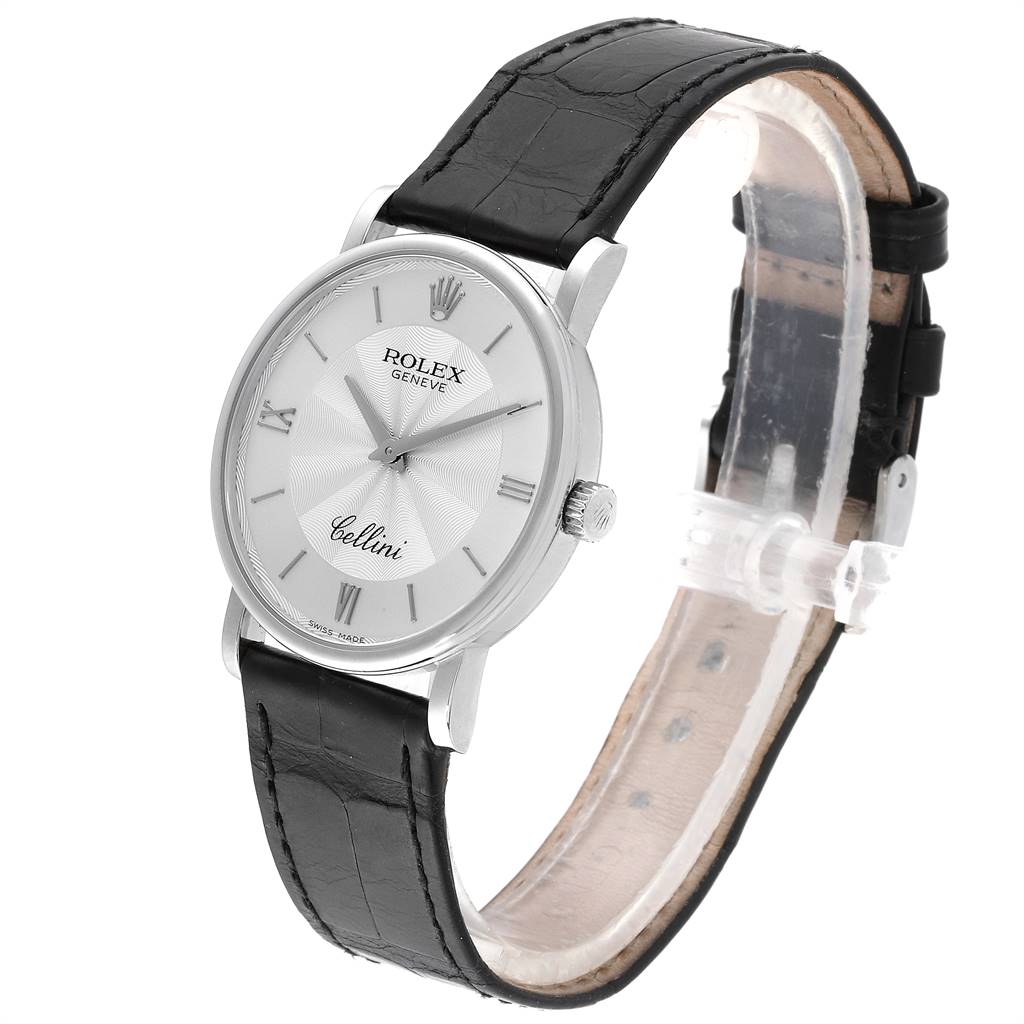 The image shows a Rolex Cellini 5115 Men's White Gold Silver Dial 5115 Men's White Gold Silver Dial watch angled slightly to the left, highlighting the face, bezel, crown, and leather strap.