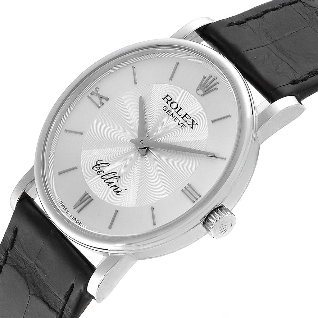 The image shows a Rolex Cellini 5115 Men's White Gold Silver Dial 5115 Men's White Gold Silver Dial watch from a slight angle, highlighting the face, bezel, crown, and part of the leather strap.