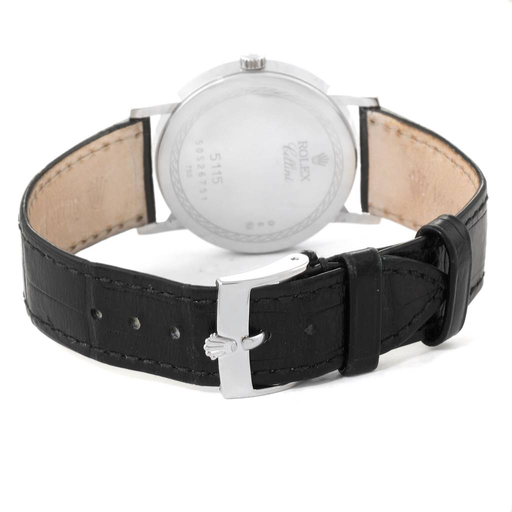 The image shows the back and strap of a Rolex Cellini 5115 Men's White Gold Silver Dial 5115 Men's White Gold Silver Dial watch, focusing on its caseback, crown, and leather band with buckle.