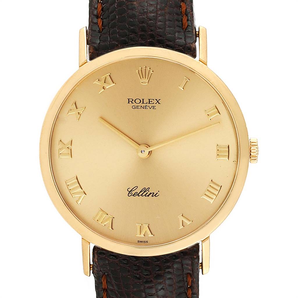 The image shows a frontal view of the Rolex Cellini 4112 Men's Yellow Gold Champagne Dial 4112 Men's Yellow Gold Champagne Dial watch, highlighting its gold case, Roman numeral hour markers, and leather strap.