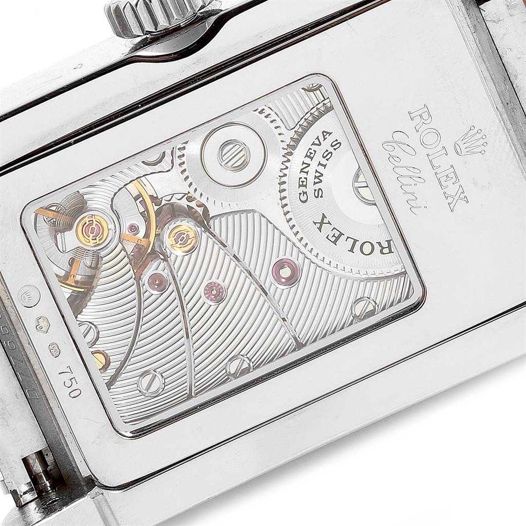 The image shows the internal mechanism and caseback of a Rolex Cellini 5441 Men's White Gold Silver Dial 5441 Men's White Gold Silver Dial watch from a close-up, top-down angle.