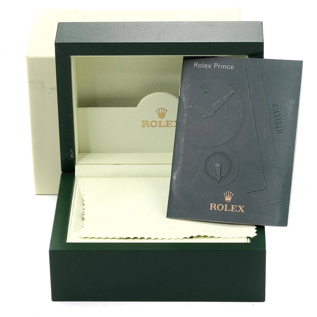 The image shows an open Rolex Cellini 5441 Men's White Gold Silver Dial 5441 Men's White Gold Silver Dial watch box and a Rolex booklet placed on the box.