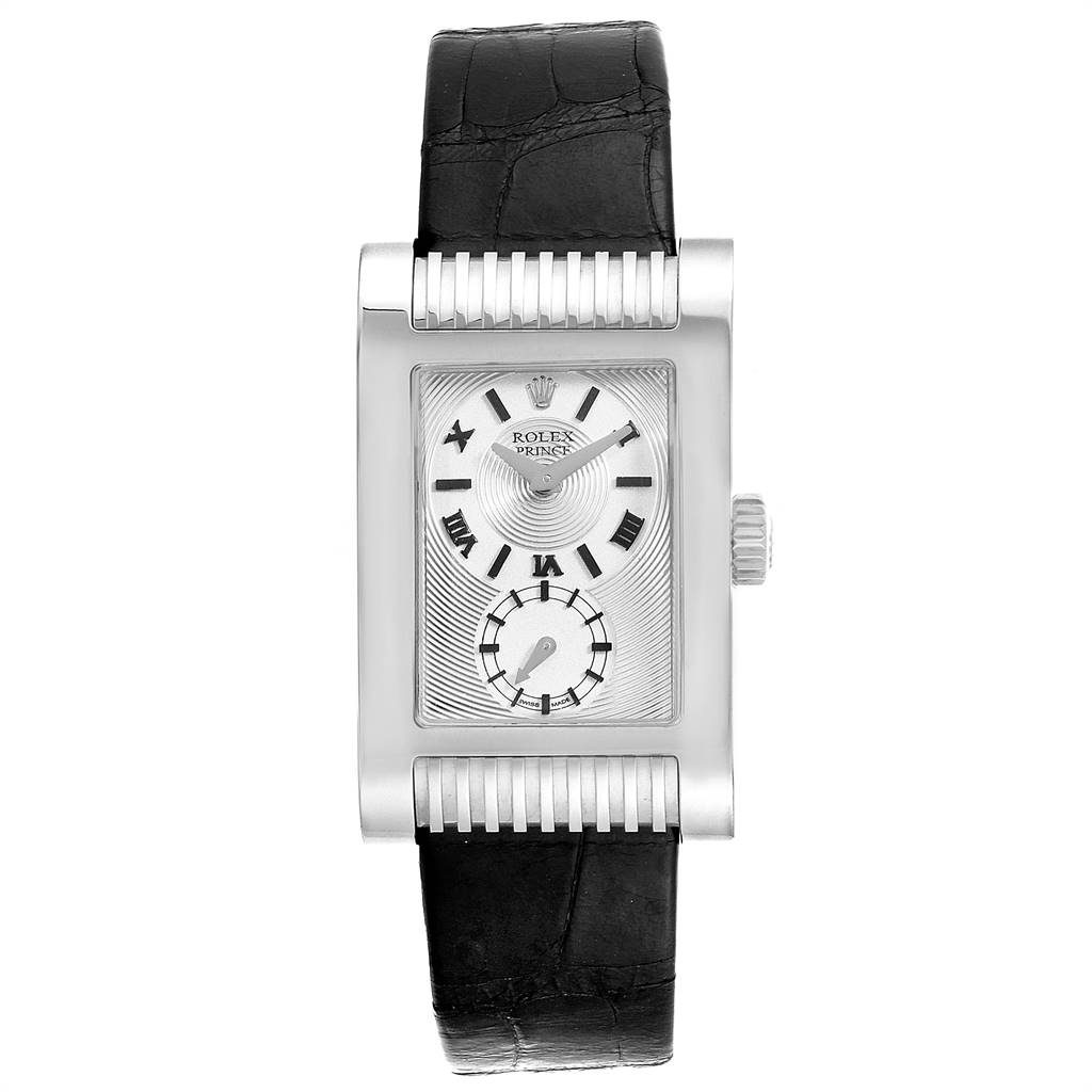 The image shows a front view of a Rolex Cellini 5441 Men's White Gold Silver Dial 5441 Men's White Gold Silver Dial Prince watch, displaying its rectangular silver dial and black leather strap.