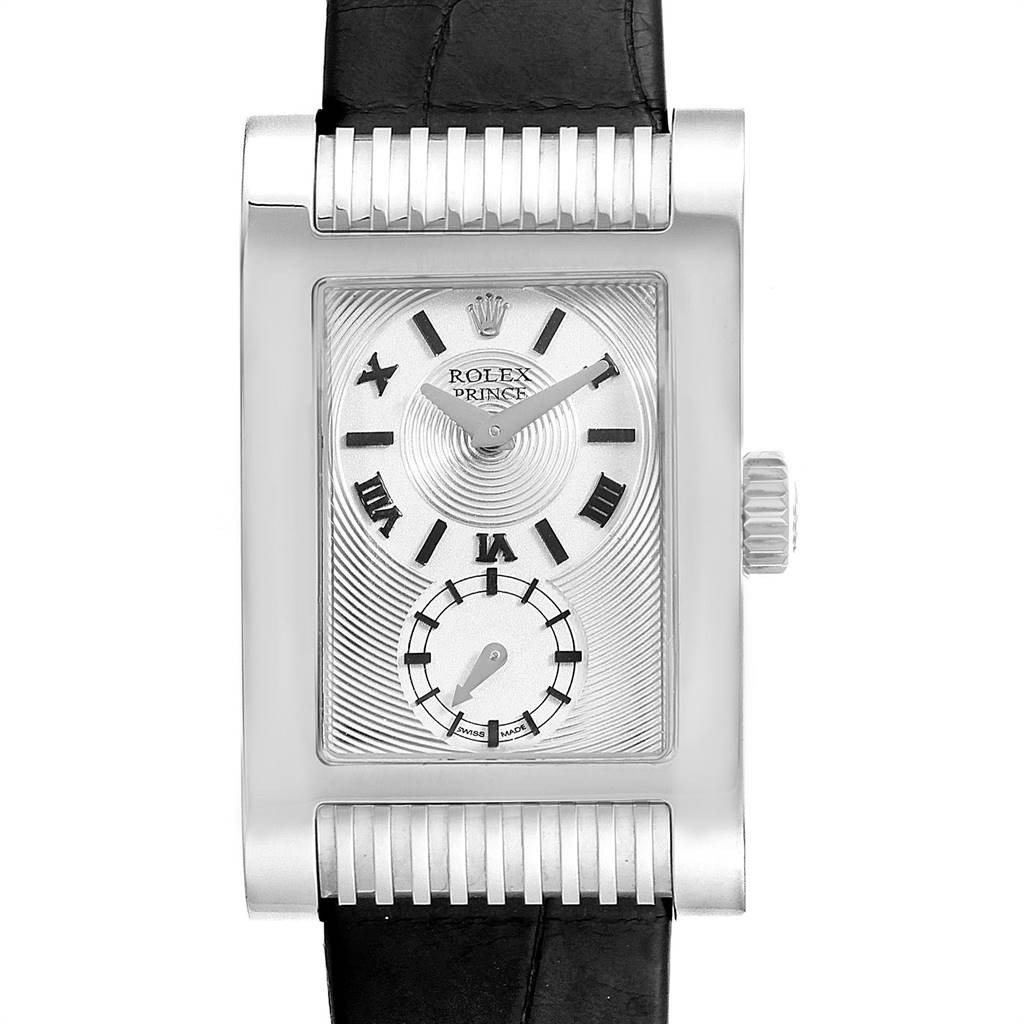 The image shows a front view of a Rolex Cellini 5441 Men's White Gold Silver Dial 5441 Men's White Gold Silver Dial Prince watch, highlighting its rectangular case, black leather strap, and silver dial with Roman numerals.