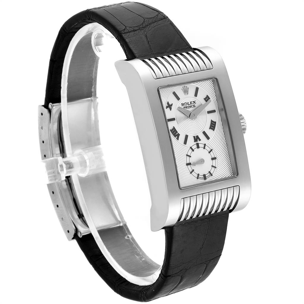 The Rolex Cellini 5441 Men's White Gold Silver Dial 5441 Men's White Gold Silver Dial watch is shown at a slight angle, highlighting its rectangular face and black leather strap.