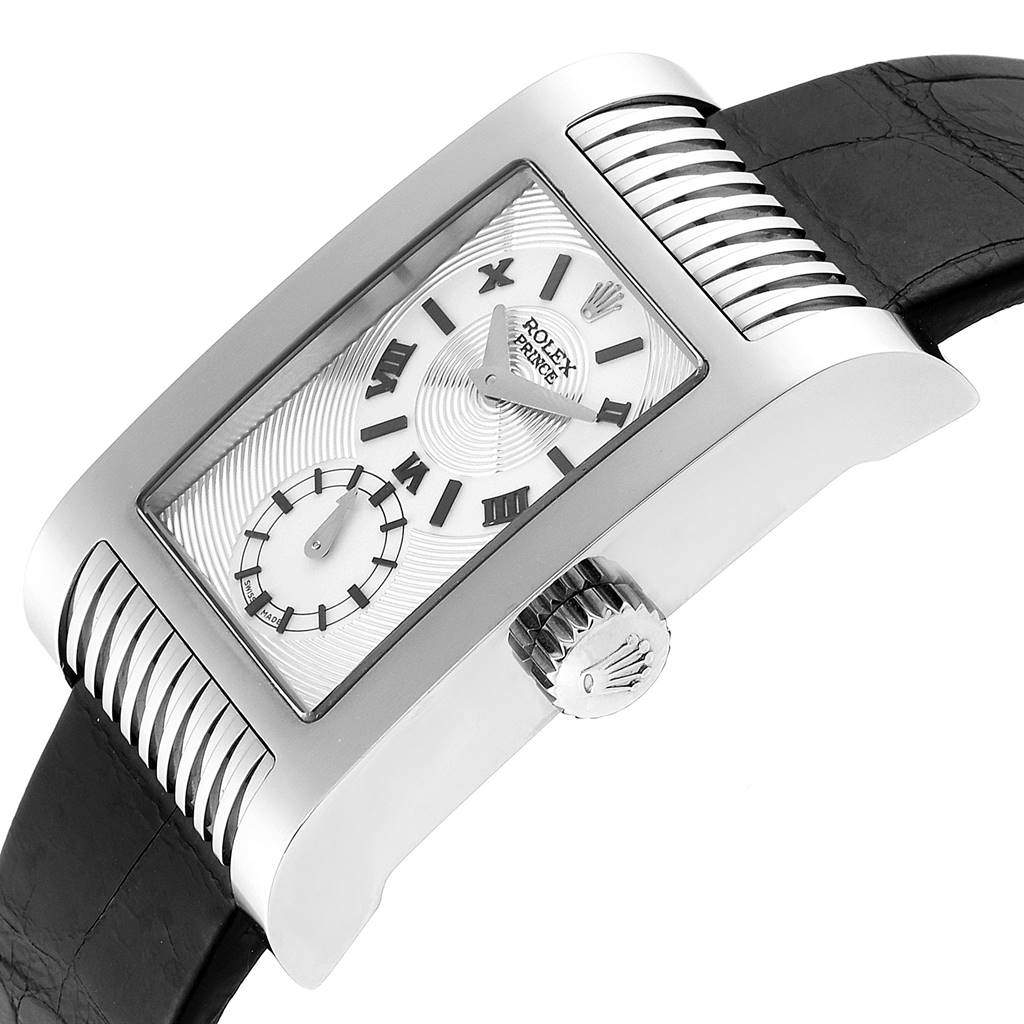 The image shows a side angle of the Rolex Cellini 5441 Men's White Gold Silver Dial 5441 Men's White Gold Silver Dial watch, highlighting its dial, case, crown, and leather strap.