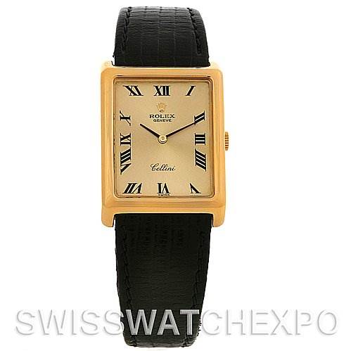 The image shows a front view of a Rolex Cellini 4105 Men's Yellow Gold Champagne Dial 4105 Men's Yellow Gold Champagne Dial watch with a gold rectangular case and a black leather strap.