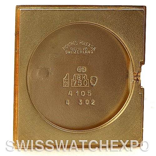 The image shows the case back of a Rolex Cellini 4105 Men's Yellow Gold Champagne Dial 4105 Men's Yellow Gold Champagne Dial watch, focusing on the internal markings and gold purity stamp.