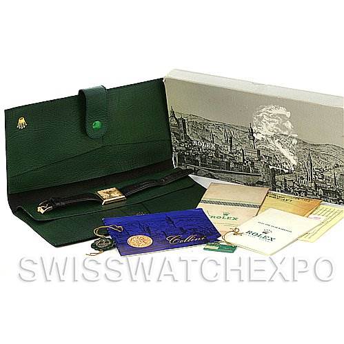 The image shows a Rolex Cellini 4105 Men's Yellow Gold Champagne Dial 4105 Men's Yellow Gold Champagne Dial watch with its box, a green pouch, tags, booklets, and paperwork, all arranged neatly.