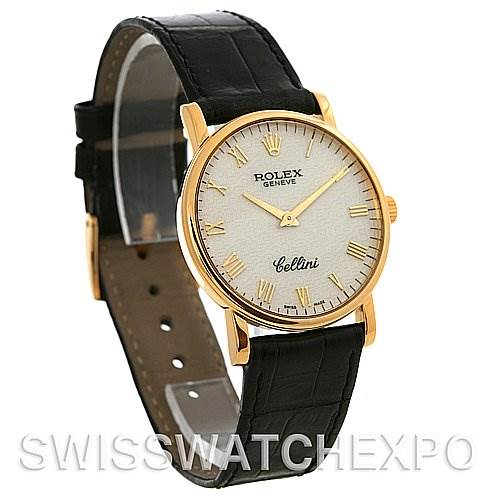 The image shows a Rolex Cellini 5115 Men's Yellow Gold Beige Dial 5115 Men's Yellow Gold Beige Dial watch from a left-front angle, highlighting the dial, bezel, and leather strap.