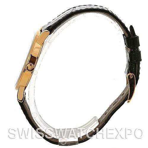 The image shows a Rolex Cellini 5115 Men's Yellow Gold Beige Dial 5115 Men's Yellow Gold Beige Dial watch from a side profile, highlighting its case, crown, and leather strap.