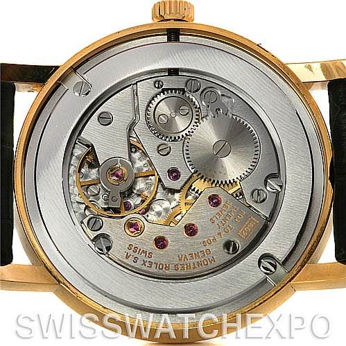 This image shows the exposed movement mechanism of a Rolex Cellini 5115 Men's Yellow Gold Beige Dial 5115 Men's Yellow Gold Beige Dial watch from the back.