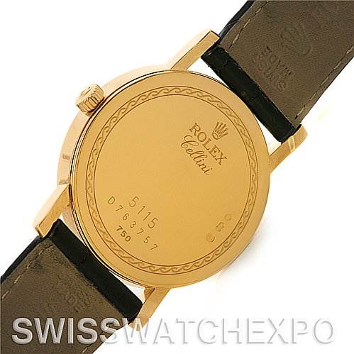 The image shows the back view of a Rolex Cellini 5115 Men's Yellow Gold Beige Dial 5115 Men's Yellow Gold Beige Dial watch, displaying the case back, crown, and leather straps.
