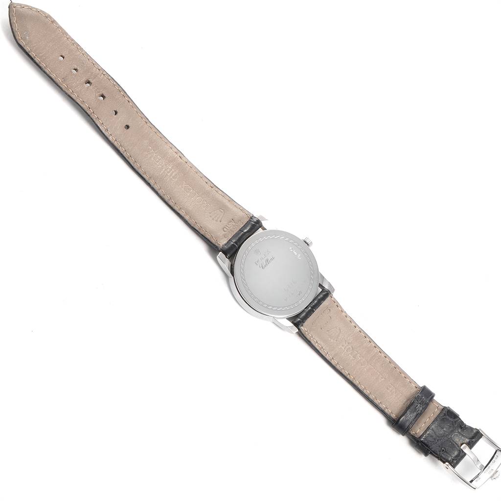 The image shows the back view of a Rolex Cellini 5116 Men's White Gold Grey Dial 5116 Men's White Gold Grey Dial watch, highlighting its case back and leather straps.