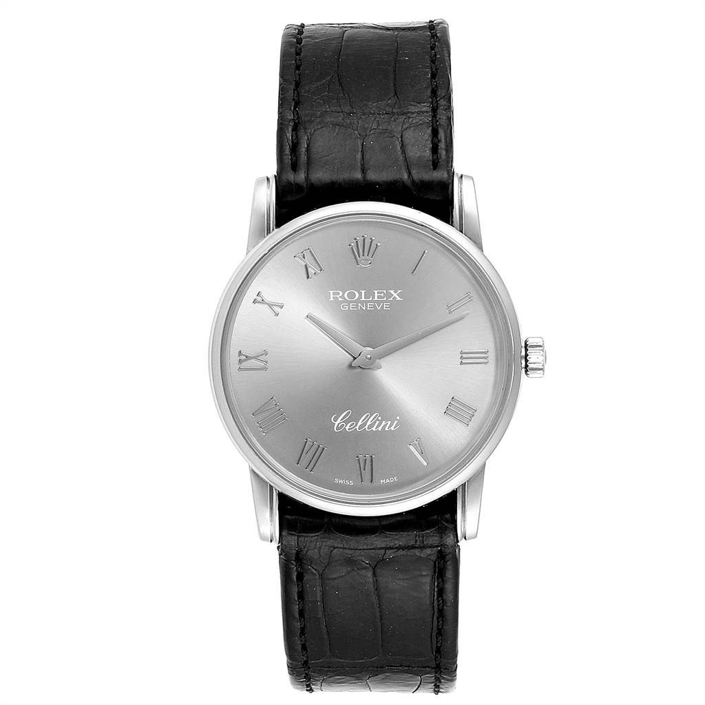 The Rolex Cellini 5116 Men's White Gold Grey Dial 5116 Men's White Gold Grey Dial watch is shown from a straight-on angle, displaying its silver dial, Roman numerals, and black leather strap.