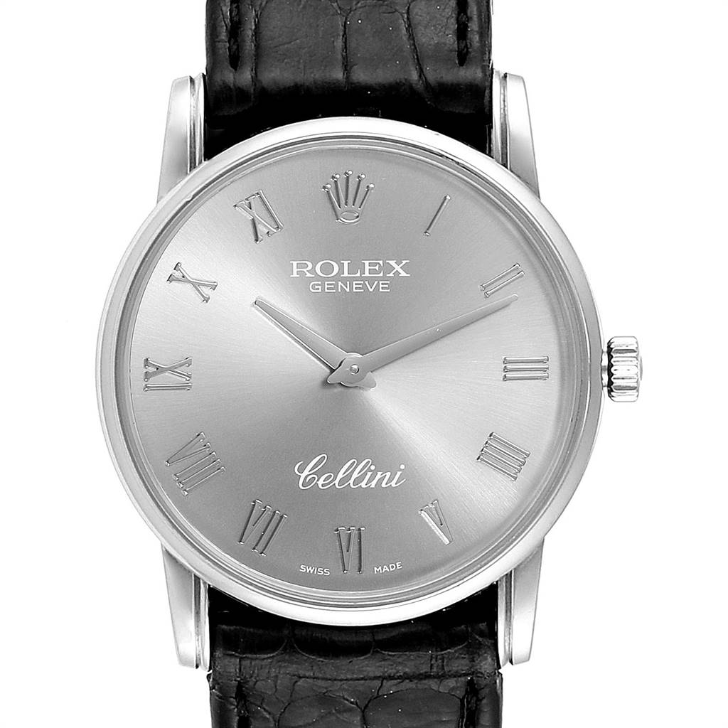 This image shows a frontal view of a Rolex Cellini 5116 Men's White Gold Grey Dial 5116 Men's White Gold Grey Dial, highlighting the watch face, Roman numerals, and black leather strap.