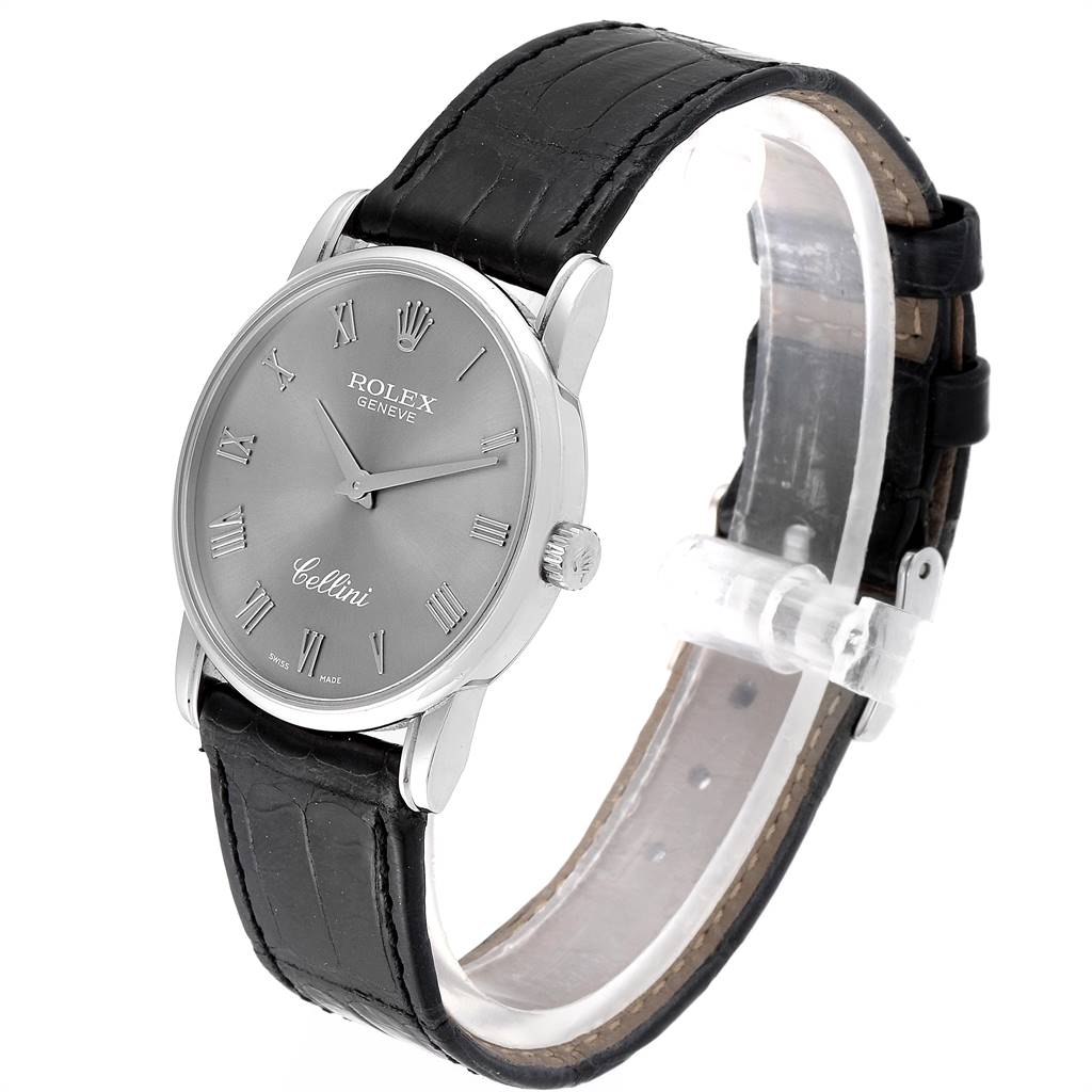The Rolex Cellini 5116 Men's White Gold Grey Dial 5116 Men's White Gold Grey Dial watch is shown at an angle highlighting the face, crown, and black leather strap.
