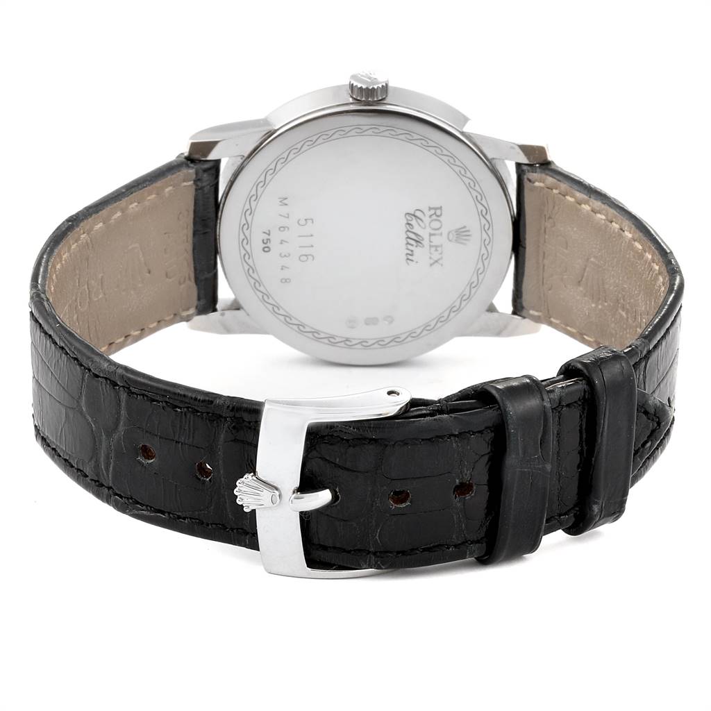 The image shows the back view of a Rolex Cellini 5116 Men's White Gold Grey Dial 5116 Men's White Gold Grey Dial watch, featuring its case back, leather strap, and buckle.