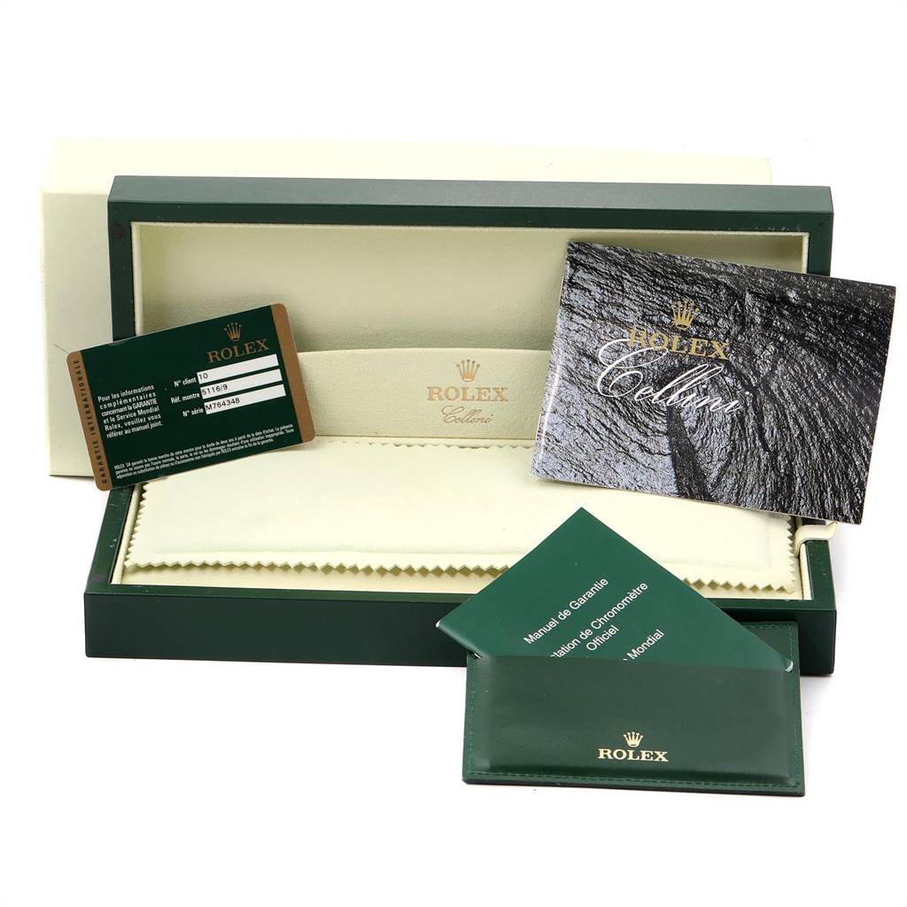 The image shows the packaging and accessories for a Rolex Cellini 5116 Men's White Gold Grey Dial 5116 Men's White Gold Grey Dial, including the box, manuals, and warranty card, at a frontal angle.