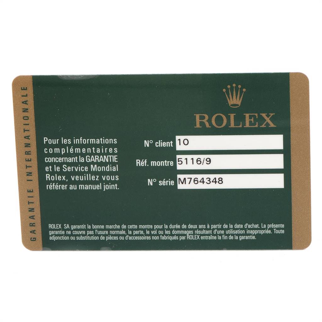 This image shows a detailed view of the warranty card for a Rolex Cellini 5116 Men's White Gold Grey Dial 5116 Men's White Gold Grey Dial watch, including reference and serial numbers.