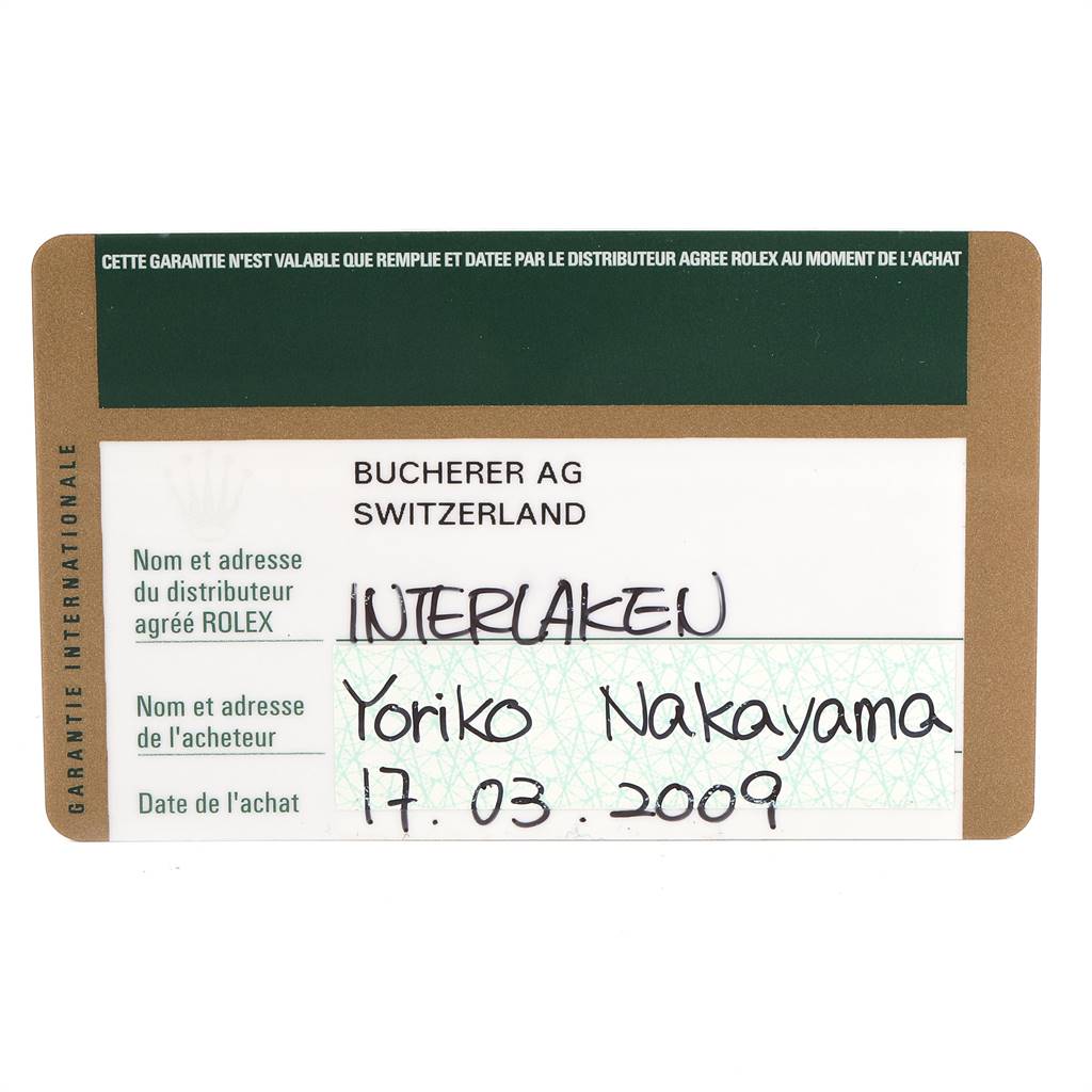 The image shows a warranty card for a Rolex Cellini 5116 Men's White Gold Grey Dial 5116 Men's White Gold Grey Dial watch, with details such as the distributor's name, buyer's name, and purchase date.