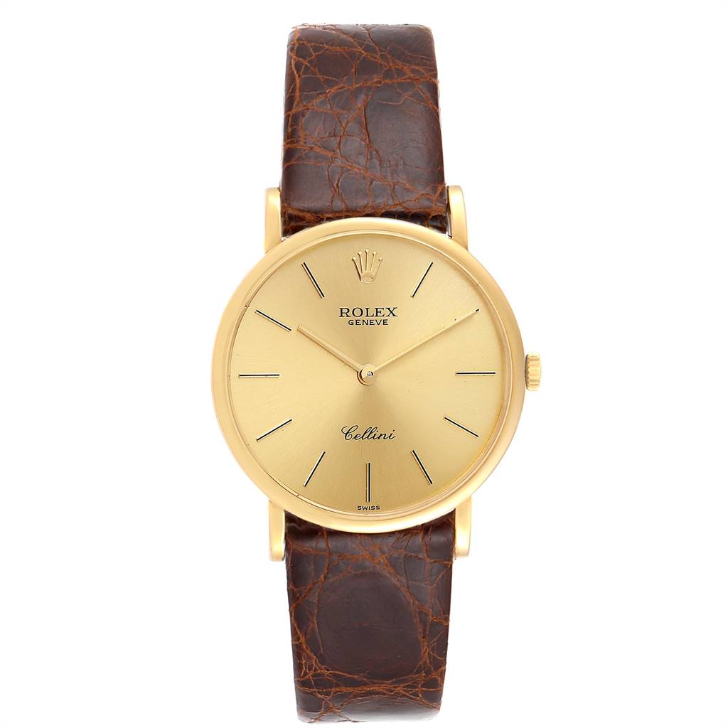 This image shows a front view of a Rolex Cellini 5112 Men's Yellow Gold Champagne Dial 5112 Men's Yellow Gold Champagne Dial watch, highlighting its gold case, dial, and brown leather strap.