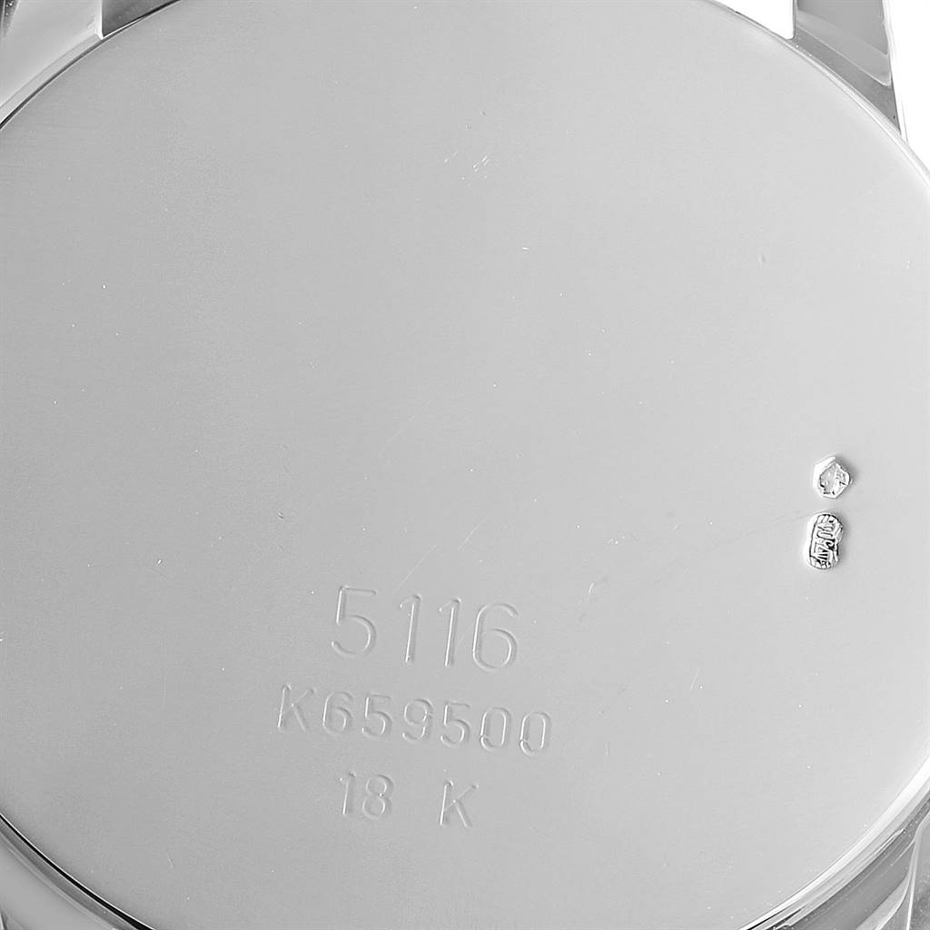 The image shows the back case of a Rolex Cellini 5116 Men's White Gold Grey Dial 5116 Men's White Gold Grey Dial watch, displaying model number 5116 and "18 K" engraving.