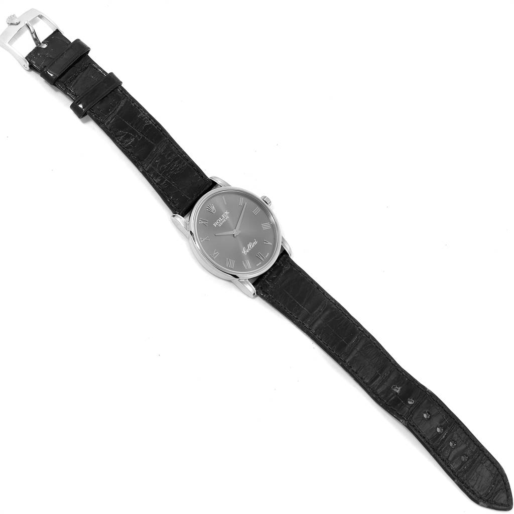 The image shows a Rolex Cellini 5116 Men's White Gold Grey Dial 5116 Men's White Gold Grey Dial watch from a top-down angle, displaying the full face, bezel, and complete leather strap.